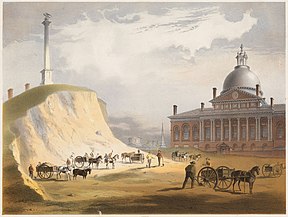 Abtragung des Beacon Hill im Jahr 1811. Blick von Norden auf das Massachusetts State House[1]