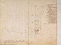 Plattegrond van het fort Jacatra en een omlijning waar Kasteel Batavia dient te komen, alsook waar de vestingmuren van het nog te bouwen Batavia dienen te komen, anoniem, circa 1619, 43 cm hoogte bij 34,5 cm breedte, ingekleurde tekening op papier, collectie Nationaal Archief, 's-Gravenhage