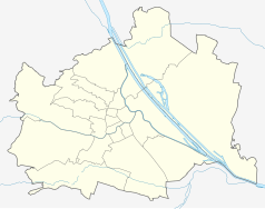 Mapa konturowa Wiednia, blisko centrum na dole znajduje się punkt z opisem „Wien Hauptbahnhof”