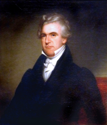 Color oil painting of the bust of an older white man facing the viewer with wavy white hair ending about the ears with pursed lips and a dignified countenance before a dark background wearing a dark jacket over white shirt with a raised white collar wrapped in a white cravat.