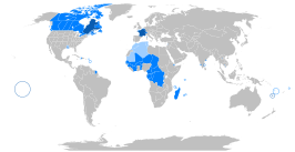 Het Frans in de wereld ■ Moedertaal ■ Bestuurlijke taal ■ Cultuurtaal