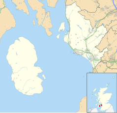 Mapa konturowa North Ayrshire, u góry znajduje się punkt z opisem „Largs”