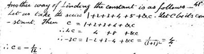 Passage from Ramanujan's first notebook describing the "constant" of the series
