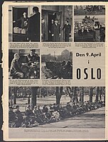 Fredelige propagandabilder av «Den 9. April i Oslo» i en dansk utgave av magasinet i mai 1940. Bildene viser Hitler-Tysklands sendemann Curt Bräuer, general Nikolaus von Falkenhorst og soldater og sivile i Oslo sentrum like etter tyskernes overfall på og okkupasjon av Norge under andre verdenskrig. Foto: Anonyme fotografer, Deutscher Verlag/Universitetsbiblioteket i Tromsø