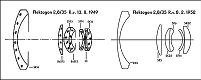 Vergleich der ursprünglichen Version des Flektogons 2,8/35 mm vom 13. August 1949, von der nur etwa 250 Exemplare gefertigt wurden, mit derjenigen Rechnung vom 8. Februar 1952, auf der dann die Großserienproduktion dieses Weitwinkels beruhte. Die angegeben Glasarten lassen erkennen, dass bei letzterer die großen Vorteile der damals neuartigen Lanthan-Schwerkrone ausgenutzt wurden.