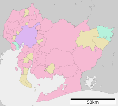 Mapa konturowa Aichi, po lewej nieco u góry znajduje się punkt z opisem „Nagoja”