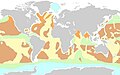 Mappa che mostra la distribuzione globale dei sedimenti oceanici. grigio: terre emerse; bianco: sedimenti di margine continentale, azzurro: sedimenti glaciali; arancio: sedimenti di mare profondo di provenienza continentale; marrone: argille pelagiche; verde: fanghi silicei (a radiolari o diatomee); giallo: fanghi calcarei (a globigerine e coccoliti).