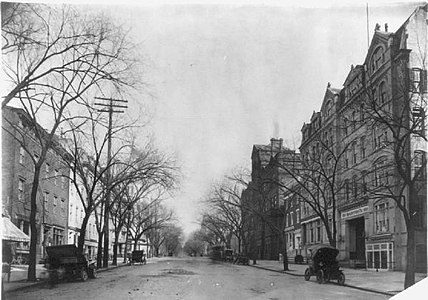 March 1906 Location of J.W. Dabney's barber shop at Welcker's Hotel – second building on the right, looking north from New York Avenue 721, 15th St, N.W.