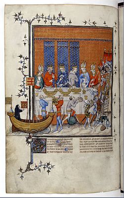 Grandes Chroniques de France de Charles V (vers 1379) : Le Banquet offert par Charles V de France à l'empereur Charles IV, Bibliothèque nationale de France, Paris, Fr.2813, f.473v.