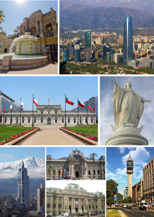 Collage o Santiago, left tae richt, tap tae bottom: Santa Lucía Hill, panoramic view o Santiago, La Moneda, Statue o the Immaculate Conception, Torre Telefónica, Naitional Museum o Fine Airts an Naitional Leebrar o Chile, Torre Entel, Estación Central Santiago Metro station an Railwey Station an San Francisco Kirk.