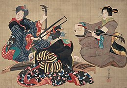 Ukiyo-e de Katsushika Ōi des années 1820-1830, scène de Sankyoku présentant trois musiciennes de shamisen, de koto, et de shakuhachi.