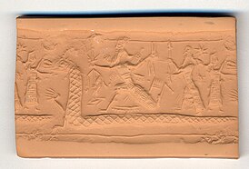 Оттиск печати новоассирийского времени, предположительно изображающий сцену убийства Тиамат