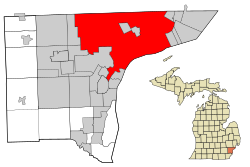 Location within Wayne County, Michigan and the state of மிச்சிகன்