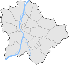 Mapa konturowa Budapesztu, blisko centrum na lewo znajduje się punkt z opisem „Wielka Synagoga”