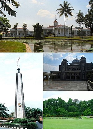 De cima para baixo e da esquerda para a direita: 1) Palácio de Bogor; 2) Monumento Kujang; 3) Mesquita Raya; 4) Jardim Botânico