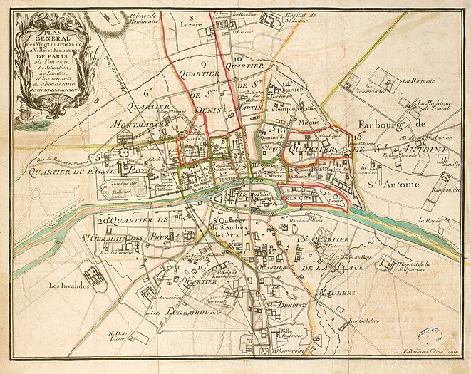 Plan général des vingt quartiers de la ville et faubourgs de Paris, par Jean-Baptiste Scotin (1678-?)