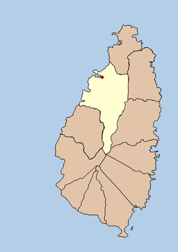 Castries läge på Saint Lucia med distriktet (quarter) i ljusare färg