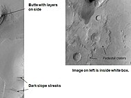 Tikhonravov Crater floor in Arabia quadrangle, as seen by Mars Global Surveyor. Click on image to see dark slope streaks and layers.