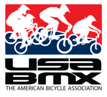 USA BMX logo, with four cyclists on a red-and-blue background