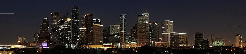 Panorama vido de la urbocentro de Houston nokte je januaro 2011