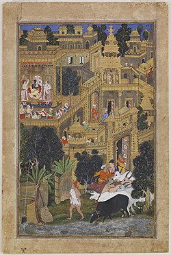 Miniature d'un manuscrit du Harivaṃśa (Généalogie de Vishnou) : Krishna dans la ville d'or. Attribuée à Kesu Kalan et Miskin, Inde, vers 1585. Freer Gallery of Art, Washington (district de Columbia)