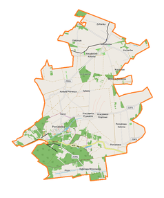 Mapa konturowa gminy Poniatowa, na dole nieco na lewo znajduje się punkt z opisem „Plizin”