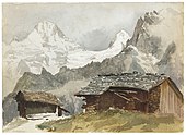 Watercolor of Mürren, the Breithorn in the background, chalets in the foreground