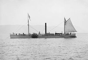 The 1909 replica of the North River Steamboat at anchor