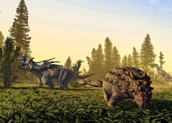 איור של סטירקוזאורוס לצד אאופלוצפלוס או סקולוזאורוס (Scolosaurus), מאת ג'וליוס צ'וטוני