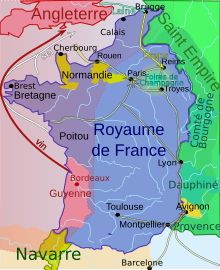 Carte du royaume de France en 1328 soulignant l'influence culturelle de celui-ci et la situation géographique du Dauphiné, voisin du sud-est de ce royaume.