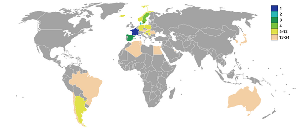 Carte du monde montrant le classement des nations qualifiées