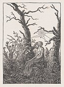 La femme à la toile d'araignée ou Melancholie, gravure sur bois d'après un dessin de 1803 de Caspar David Friedrich[95].