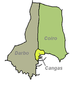 Municipio de Cangas desde 1821 a 1862. Con la creación de los municipios modernos, Cangas pierde más del 80% de su territorio tras la aparición de nuevos municipios, inauditos hasta entonces, como Bueu o Meira (después Moaña)