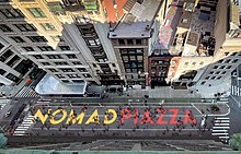 Aerial view of "NoMad Piazza", an Open Street on Broadway in NoMad, Manhattan