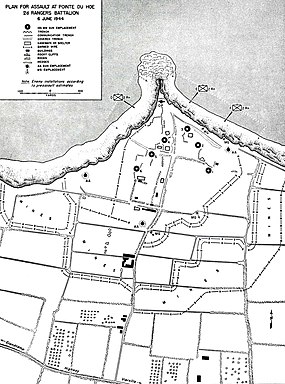 Mapa ukazující německé pozice v Pointe du Hoc