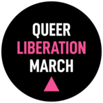 Black circular logo with the words "Queer Liberation March" above a pink triangle