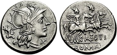 146 BC, C. Antestius (Roma, puppy behind/Dioscuri).