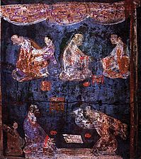 A mural from a Han Dynasty tomb painted with both Han blue and Han purple