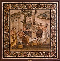 Mosaic: seven men standing under a tree