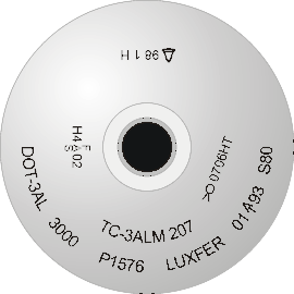 Diagram of a cylinder shoulder with stamp marking: TC3ALM 207 DOT-3AL 3000 P1576 LUXFER 01(testing authority stamp)93 S80 and date stamps for 3 hydrostatic tests