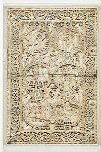 Byzantine medallions on the cover of the Melisende Psalter: Works of Mercy, 1131-1143, ivory, British Library, London[8]