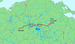 Mapa przebiegu linii kolejowej 6935 (Parchim–Waren)[1], 6767 (Kargow–Neubrandenburg)[1]