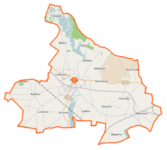 Mapa konturowa gminy Pakość, w centrum znajduje się punkt z opisem „Pakość”