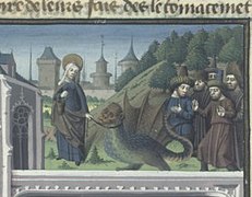 Marthe et la Tarasque, détail de la partie supérieure du folio 340v, Manuscrits Français 50 de la BNF, Vincentius Bellovacensis, Speculum historiale (XVe siècle).