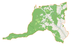 Mapa konturowa gminy Kamienica, po prawej znajduje się punkt z opisem „Kamienica”