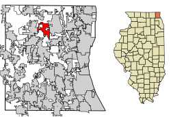 Location of Lindenhurst in Lake County, Illinois.