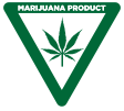 Símbolo verde del contorno de un triángulo invertido con una hoja de cannabis en su interior, las palabras "Marijuana Product" están escritas en blanco dentro del contorno superior del triángulo