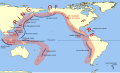 L'Anello di fuoco che circonda l'oceano pacifico corrisponde ai confini della placca pacifica dove avvengono fenomeni di subduzione, con vulcani e terremoti.