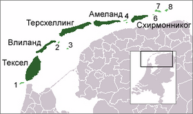 Западно-Фризские острова, цифрами обозначены: 1. Нордер-Хакс 2. Рихел 3. Гринд 4. Риф 5. Энгелсманплат 6. Симонсзанд 7. Роттюмерплат 8. Роттюмерог