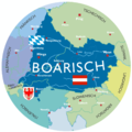 Mapa území kde se mluví bavorsky. Názvy měst v bavorské oblasti jsou v bavorštině. Jsou vyznačeny oblasti okolních jazyků i okolních dialektů němčiny. Dále je ukázána (od vrchu) vlajka Bavorska, vlajka Rakouska a znak Jižního Tyrolska.